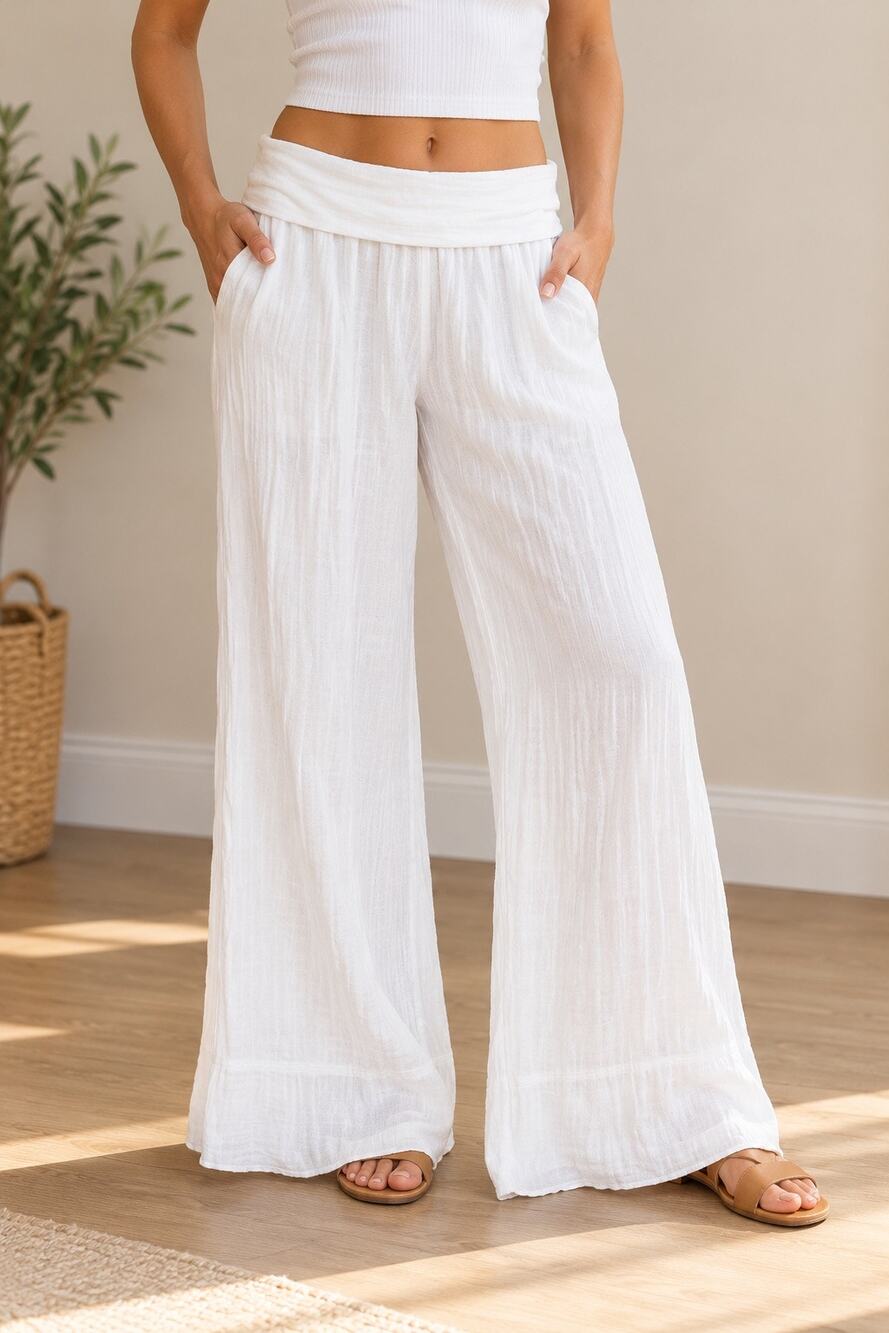 VENUS White Cotton Gauze Wide Leg Pants Small Boho Beach Resort